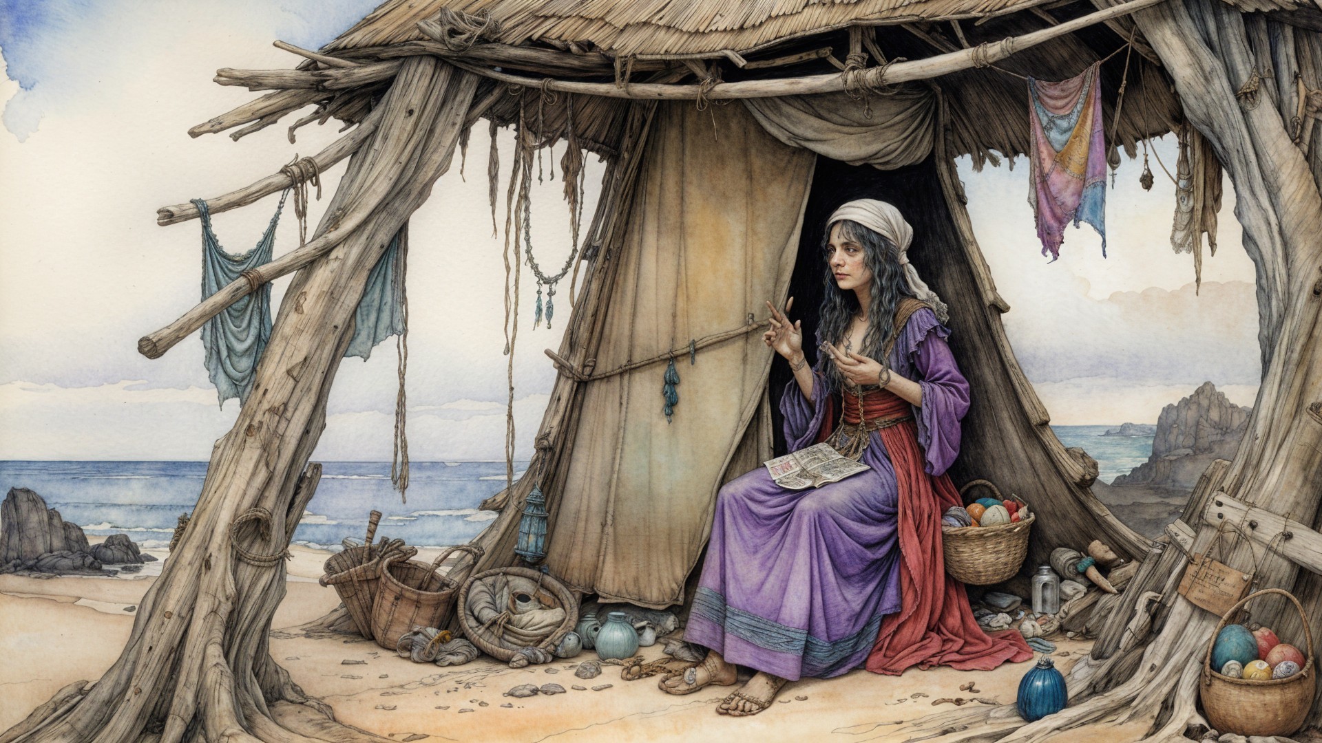 Woman at Rustic Beach Hut Surrounded by Treasures