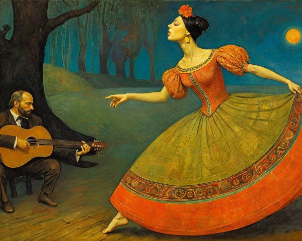 Vibrant Dance Scene with Guitar and Dreamlike Background