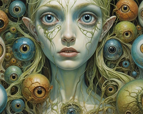 Surreal Figure Surrounded by Colorful Eyeballs
