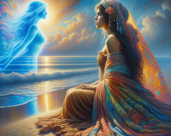 Woman by the Shore with Ethereal Ocean Figure