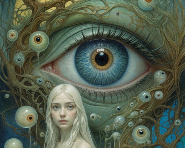 Mystical Young Woman with Enormous Eye and Branches