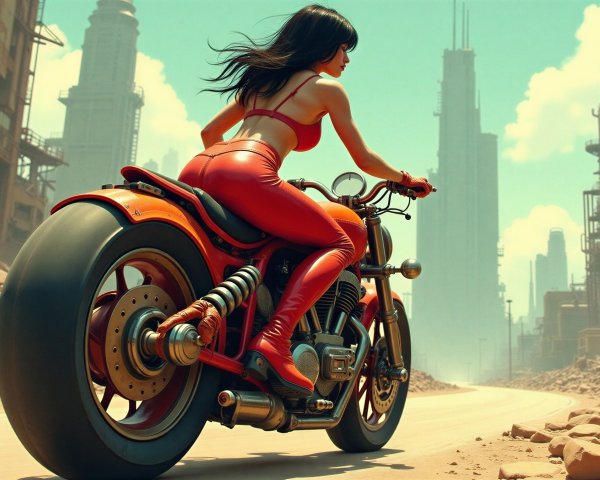 Woman on red motorcycle in a ruined cityscape