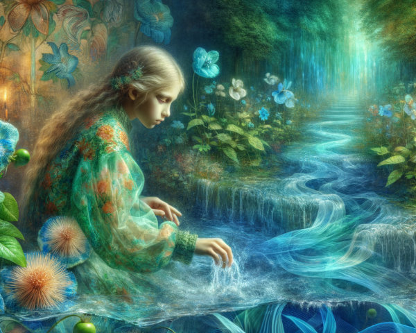 Young girl playing in a tranquil stream surrounded by nature