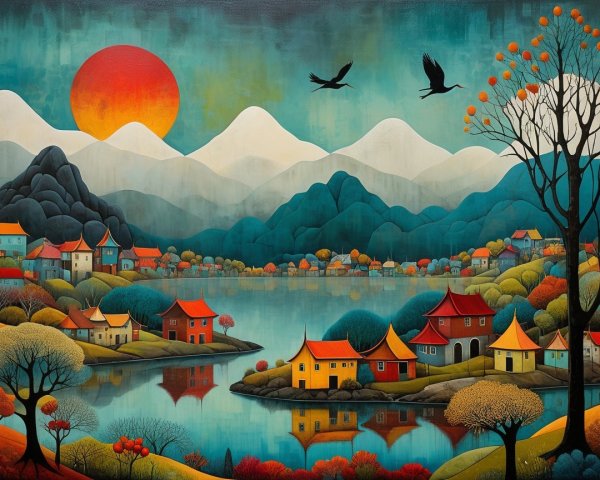 Serene Landscape with Autumn Lake and Colorful Houses