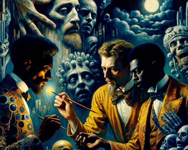 Surreal Artwork with Figures in Ornate Attire