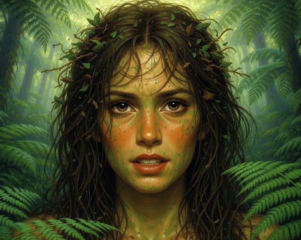 Close-up of a Young Woman in a Green Jungle Setting