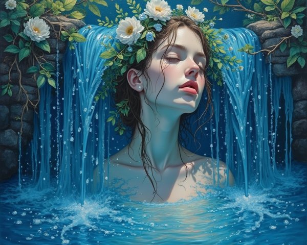 Ethereal Woman in Tranquil Pool Surrounded by Nature