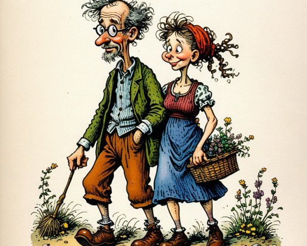 Whimsical Illustration of an Elderly Couple Strolling