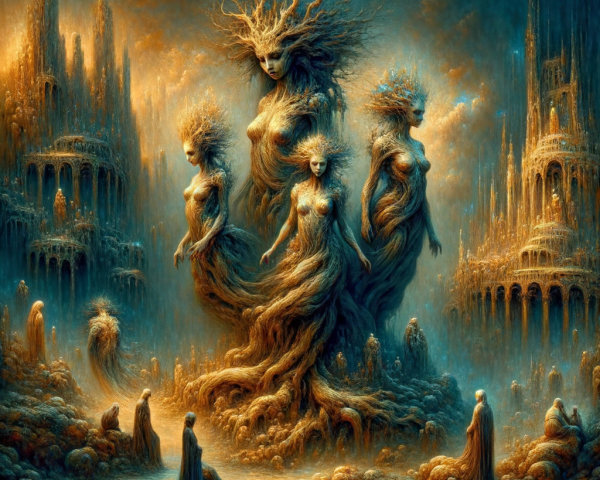 Surreal Landscape with Tree-Like Figures and Structures