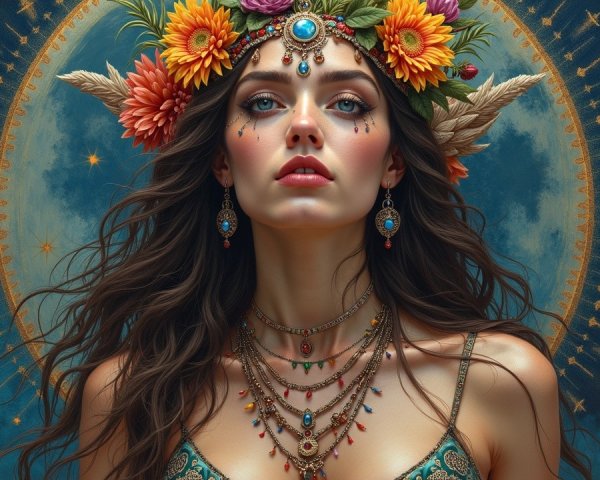 Portrait of a Woman with Floral Crown and Celestial Background