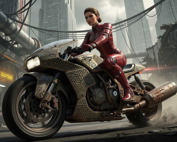 Woman in Red Riding Suit on Motorcycle in City Street