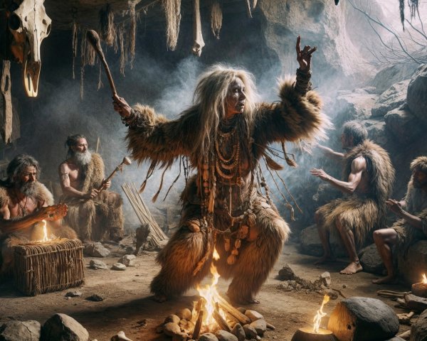 Shaman's Ritual Dance in a Dimly Lit Cave Setting