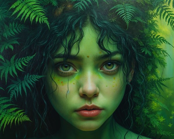 Young Woman with Green Skin Among Lush Foliage