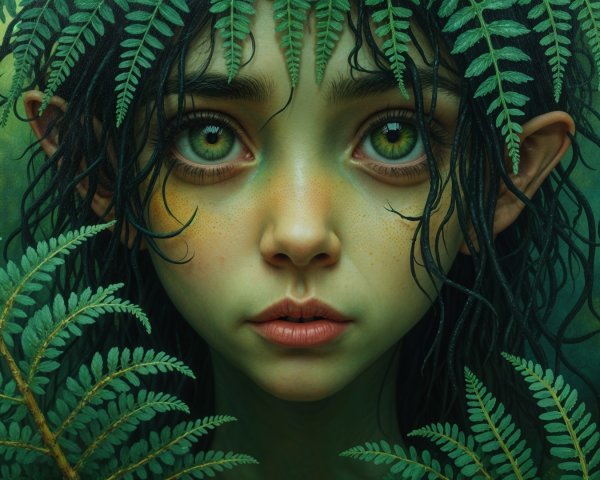 Young girl with green eyes among vibrant ferns