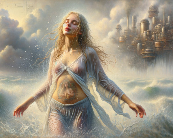 Serene Figure in Turbulent Ocean with Industrial Skyline