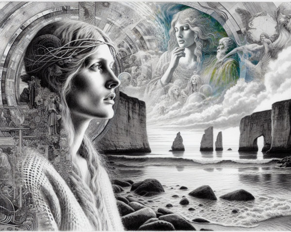 Surreal Black-and-White Illustration of Contemplation