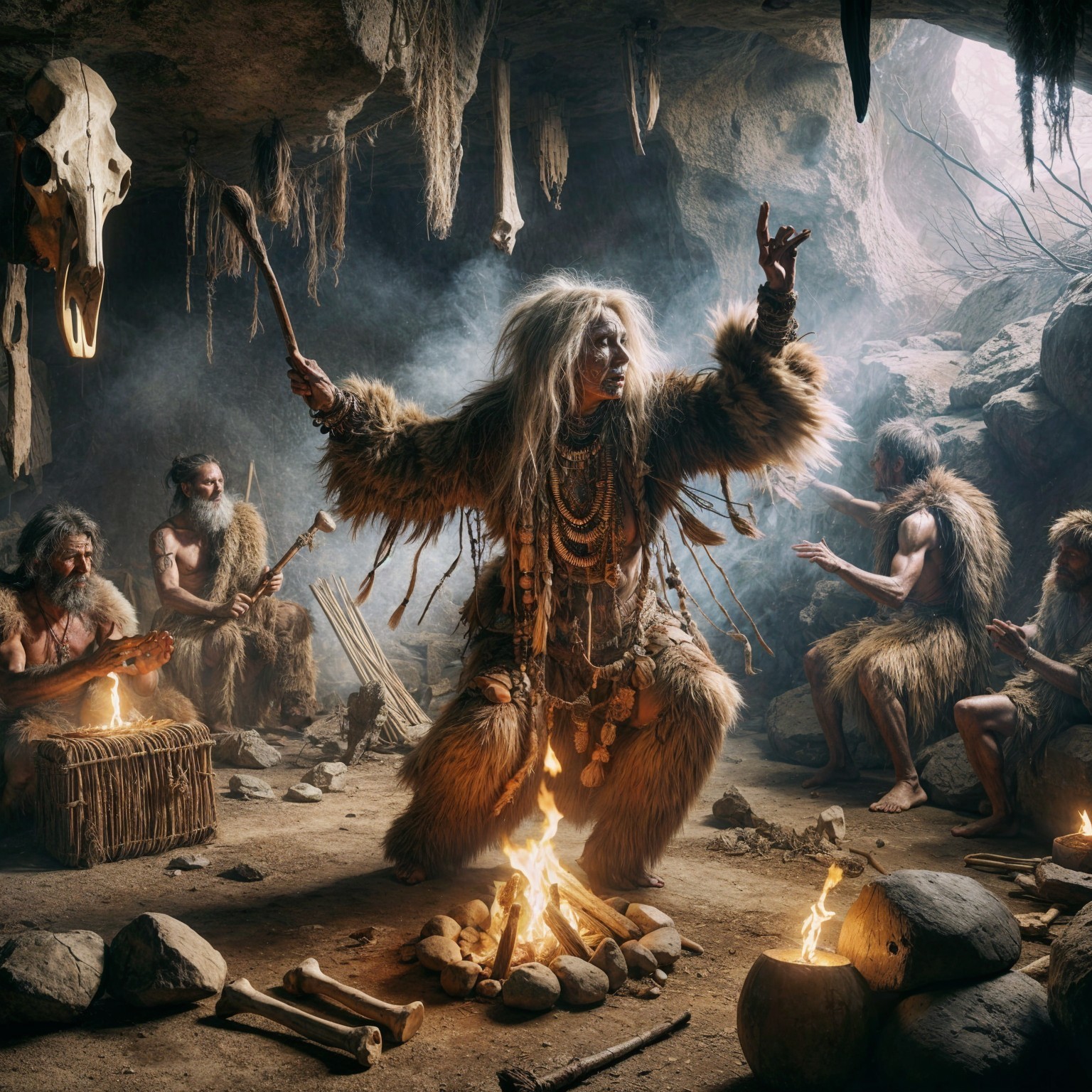 Shaman's Ritual Dance in a Dimly Lit Cave Setting