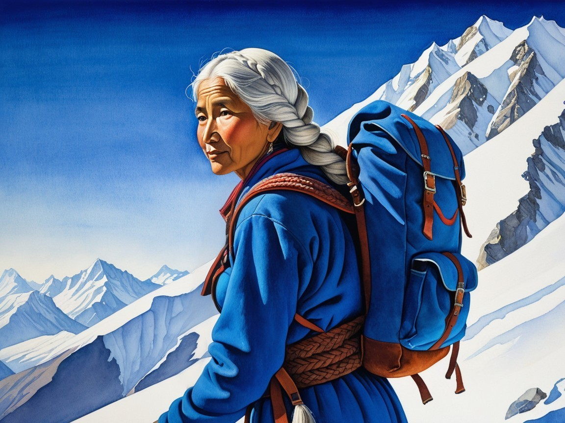 Woman Mountaineer in Alpine Landscape with Blue Outfit