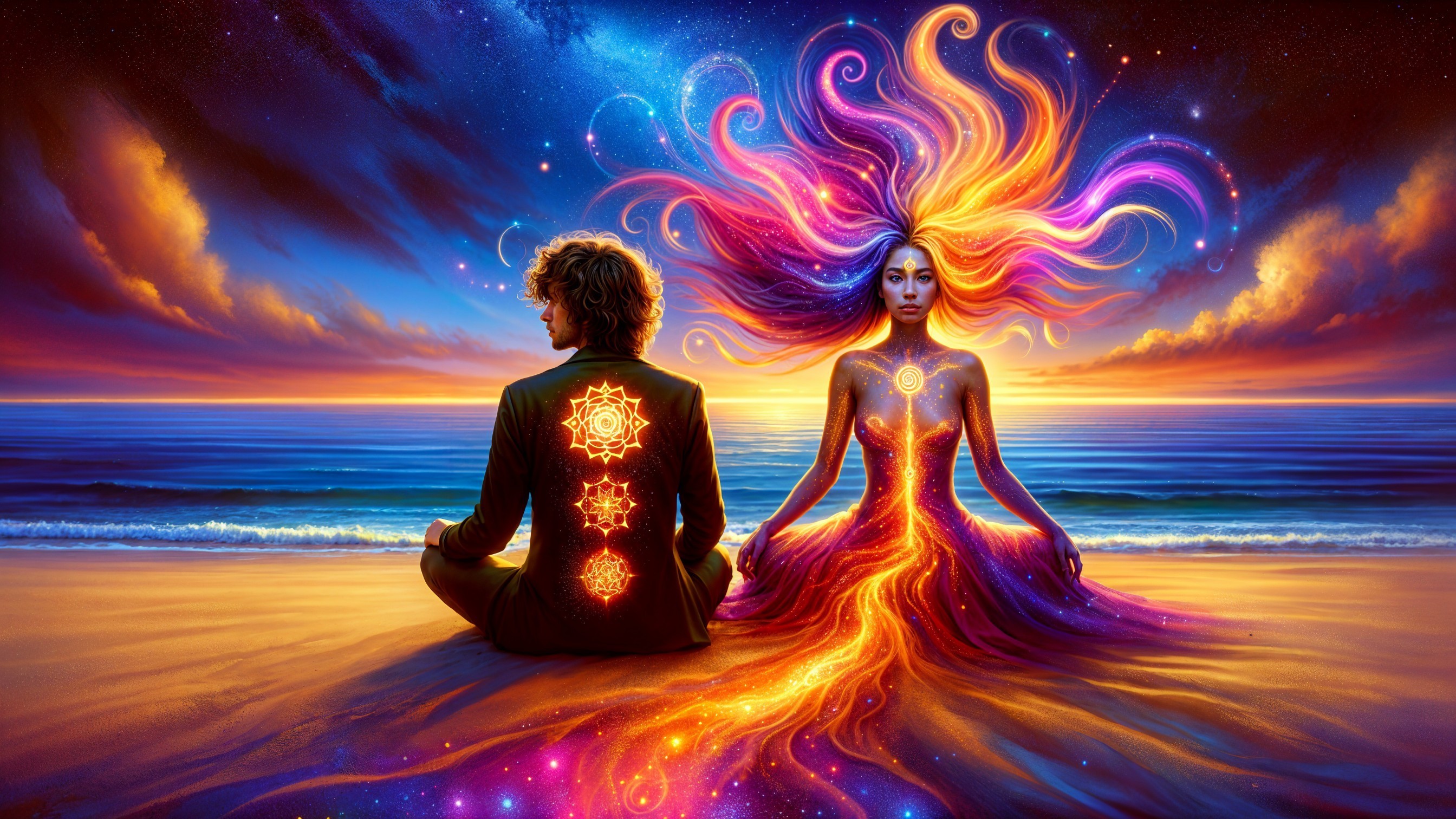 Serene Beach Sunset with Chakra Symbols and Energy