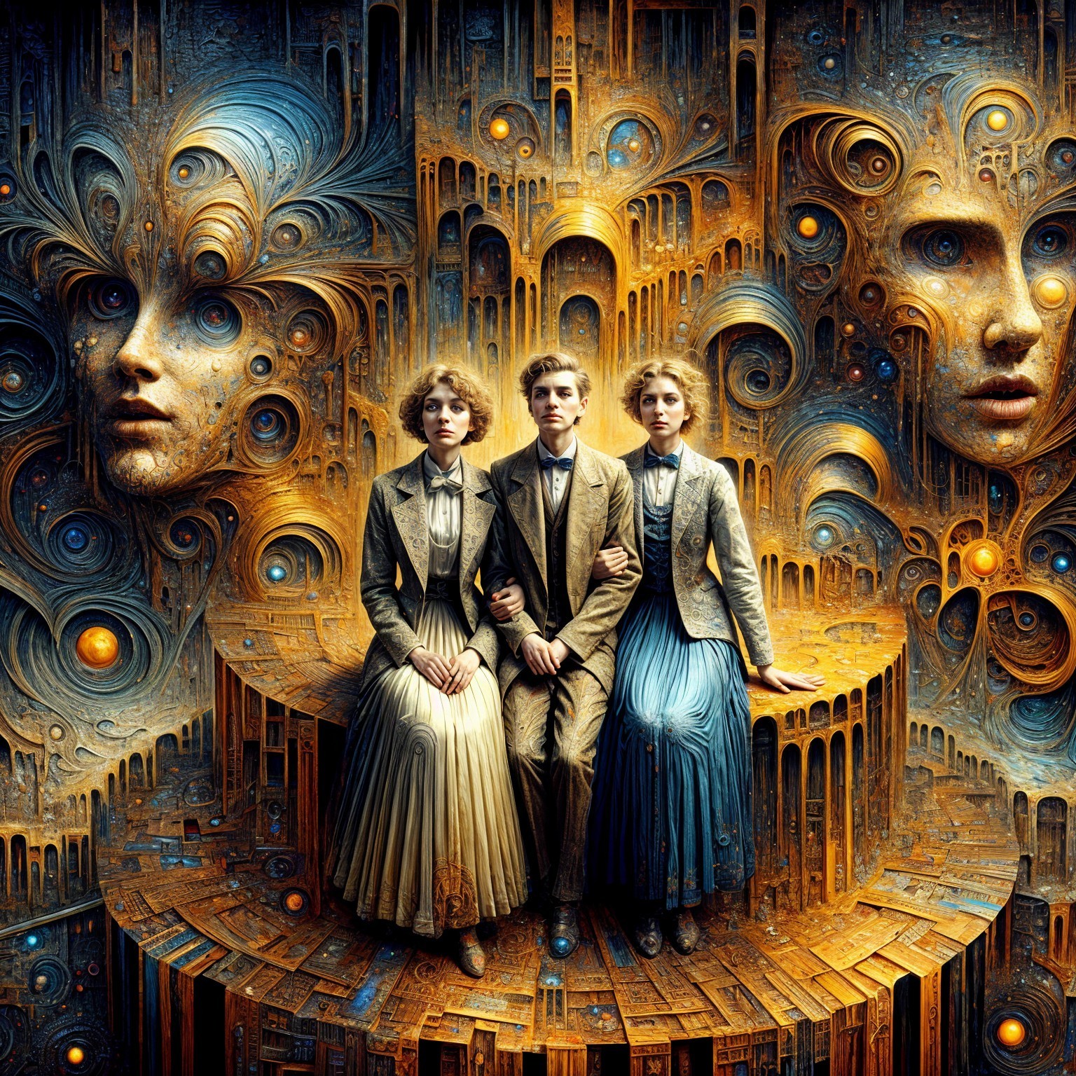 Victorian Figures on Surreal Intricate Platform