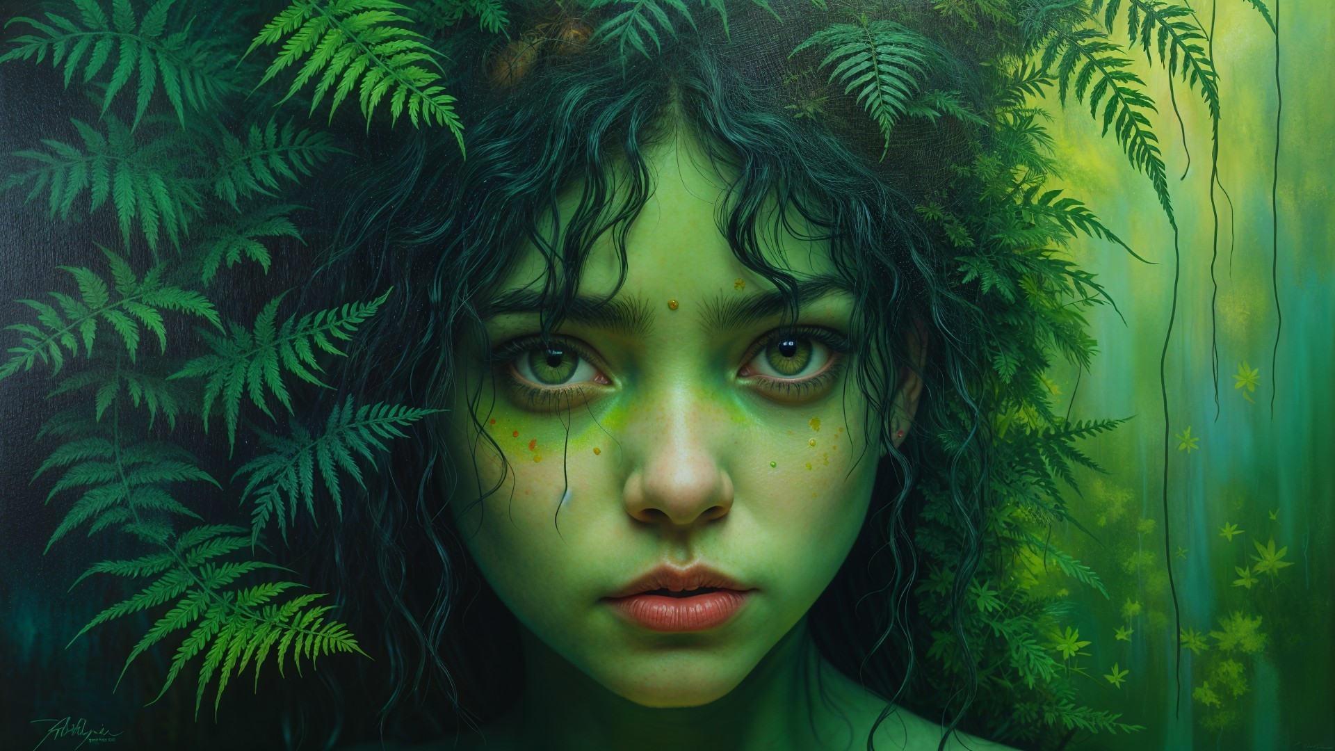 Young Woman with Green Skin Among Lush Foliage