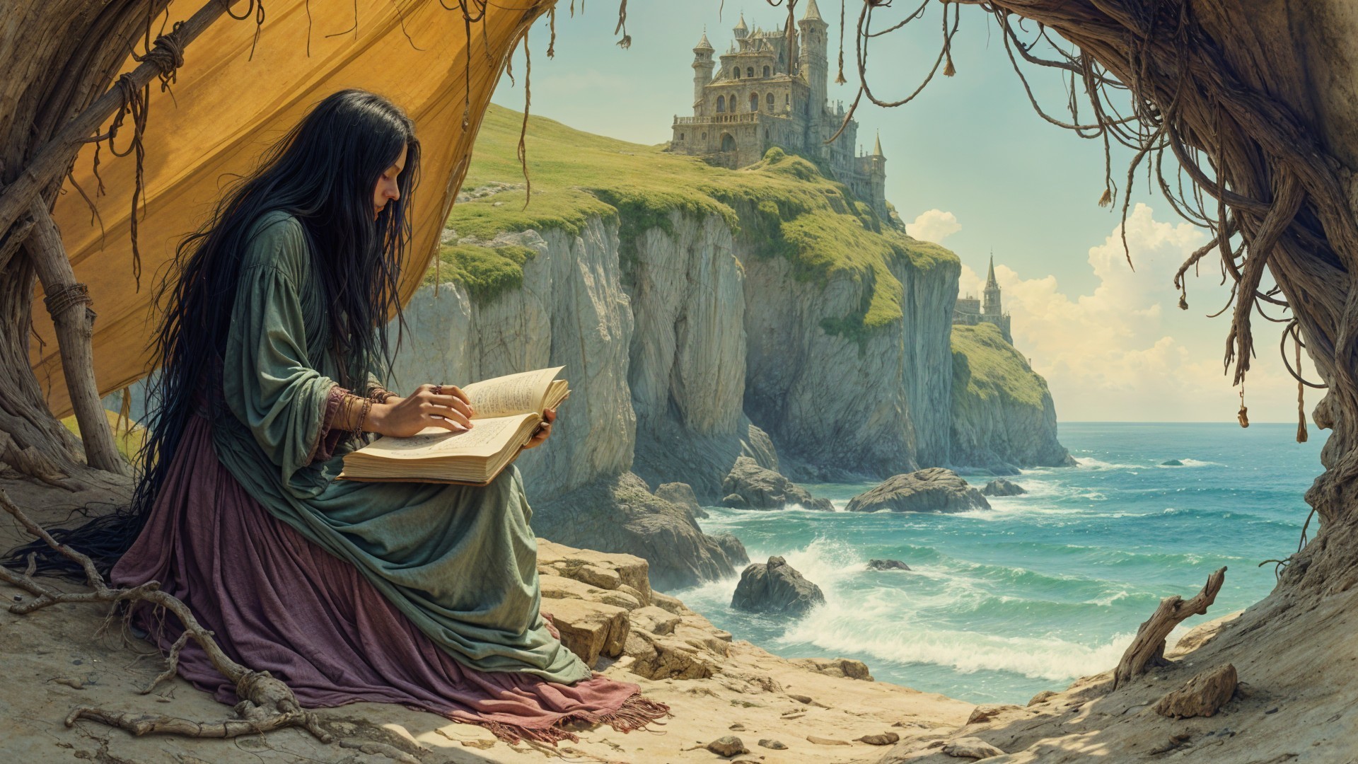 Woman in green gown reading by the ocean cliffs