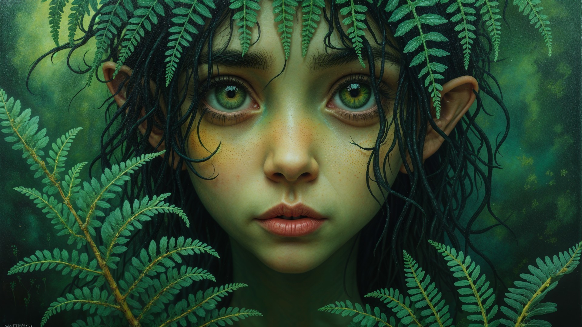 Young girl with green eyes among vibrant ferns