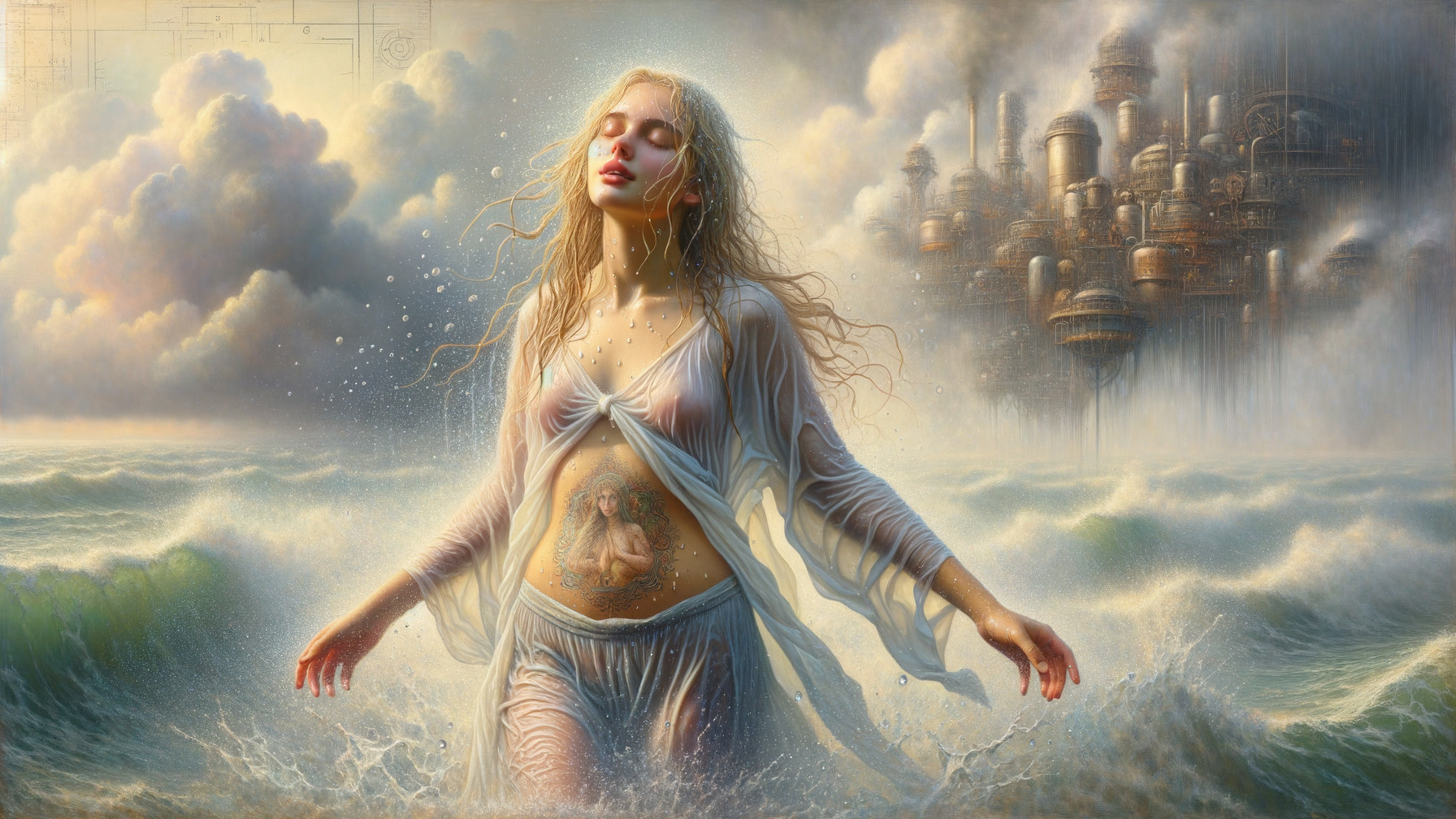 Serene Figure in Turbulent Ocean with Industrial Skyline