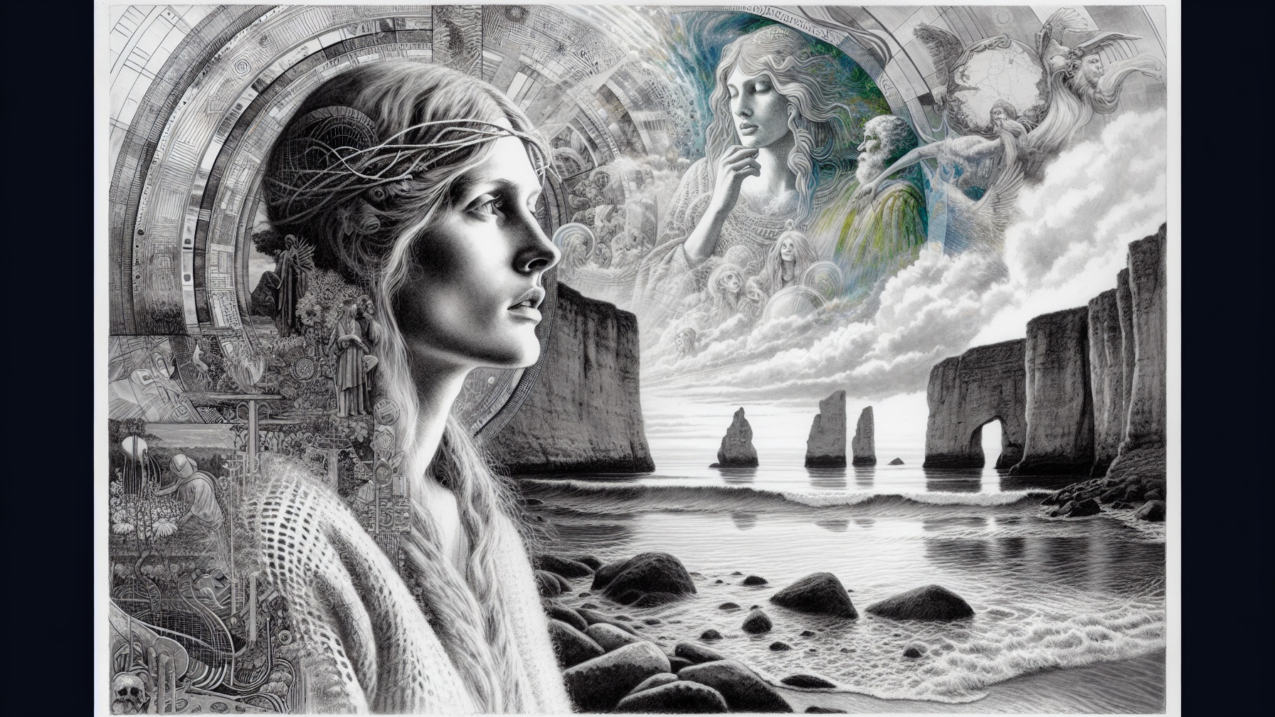 Surreal Black-and-White Illustration of Contemplation