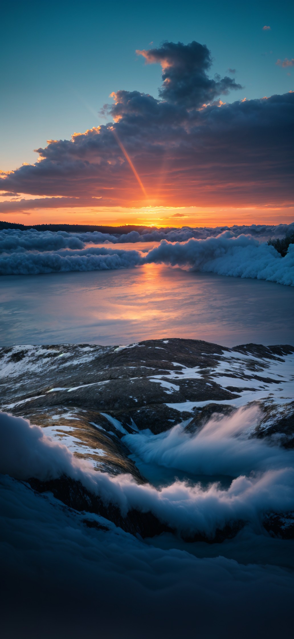 Vibrant Sunset Over Tranquil Waters and Ice Formations