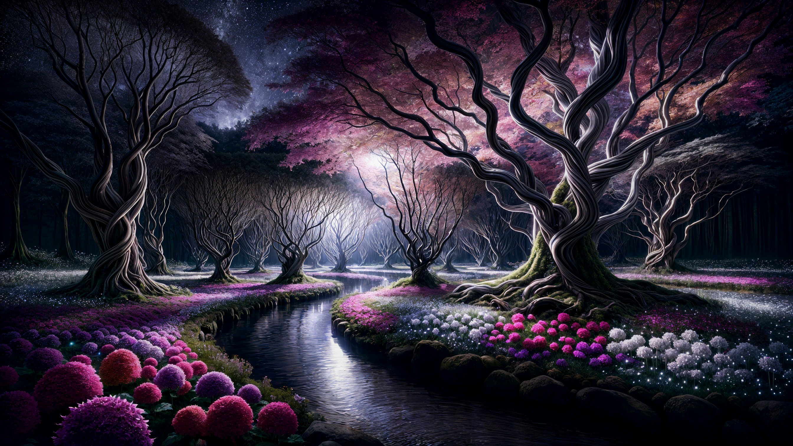 Mystical forest with gnarled trees and serene stream