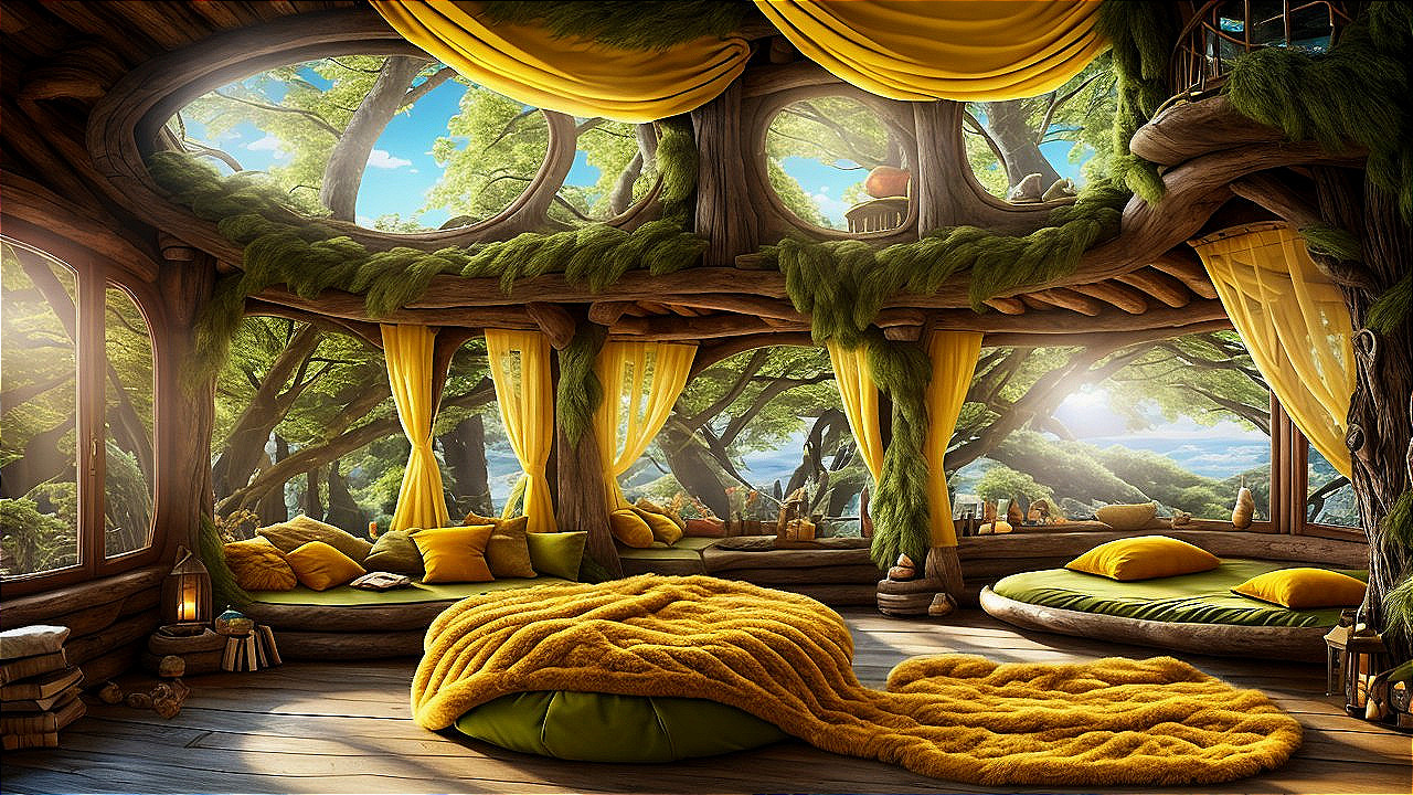 Whimsical Treehouse-Inspired Interior with Greenery
