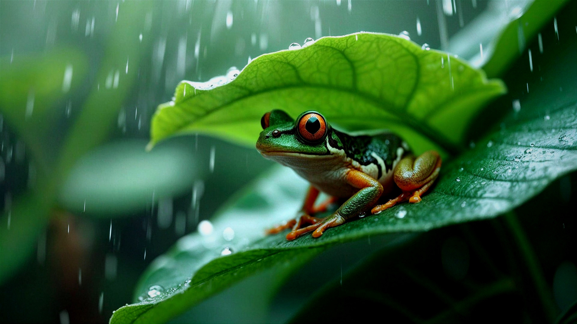 Vibrant Green Frog on Leaf in Rainy Environment