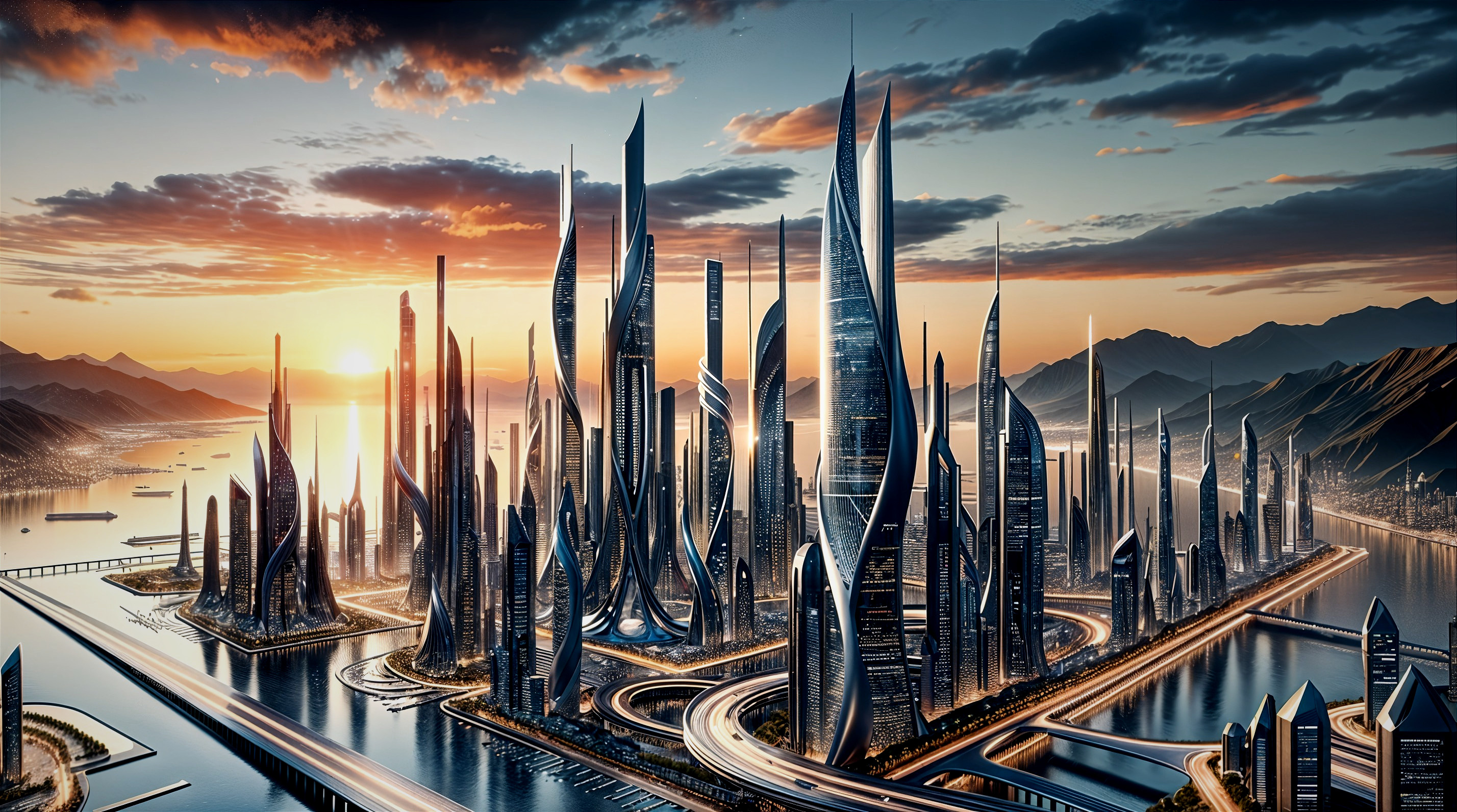 Futuristic cityscape at sunset with vibrant skyscrapers