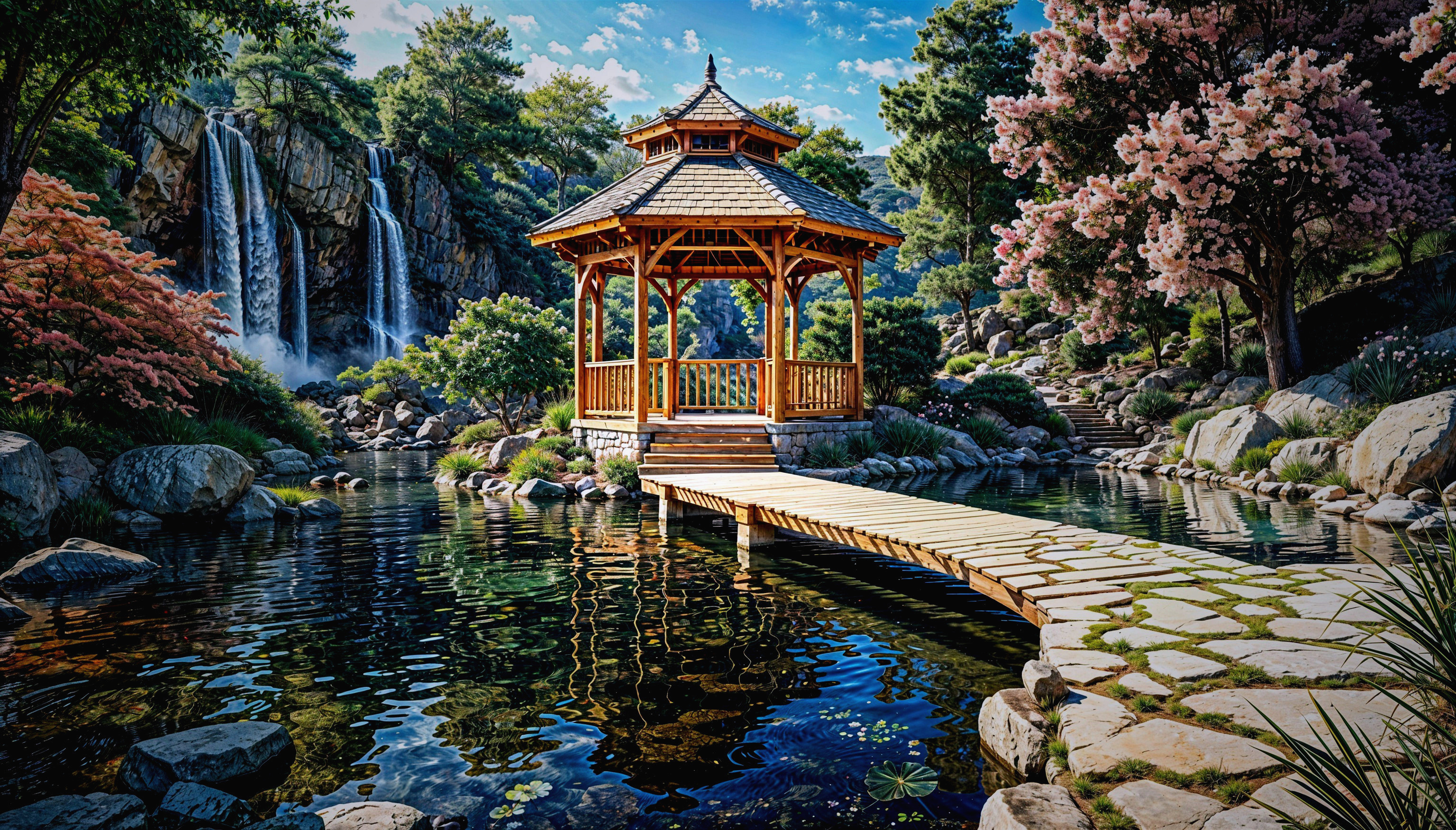 Wooden Gazebo Surrounded by Cherry Blossoms and Pond