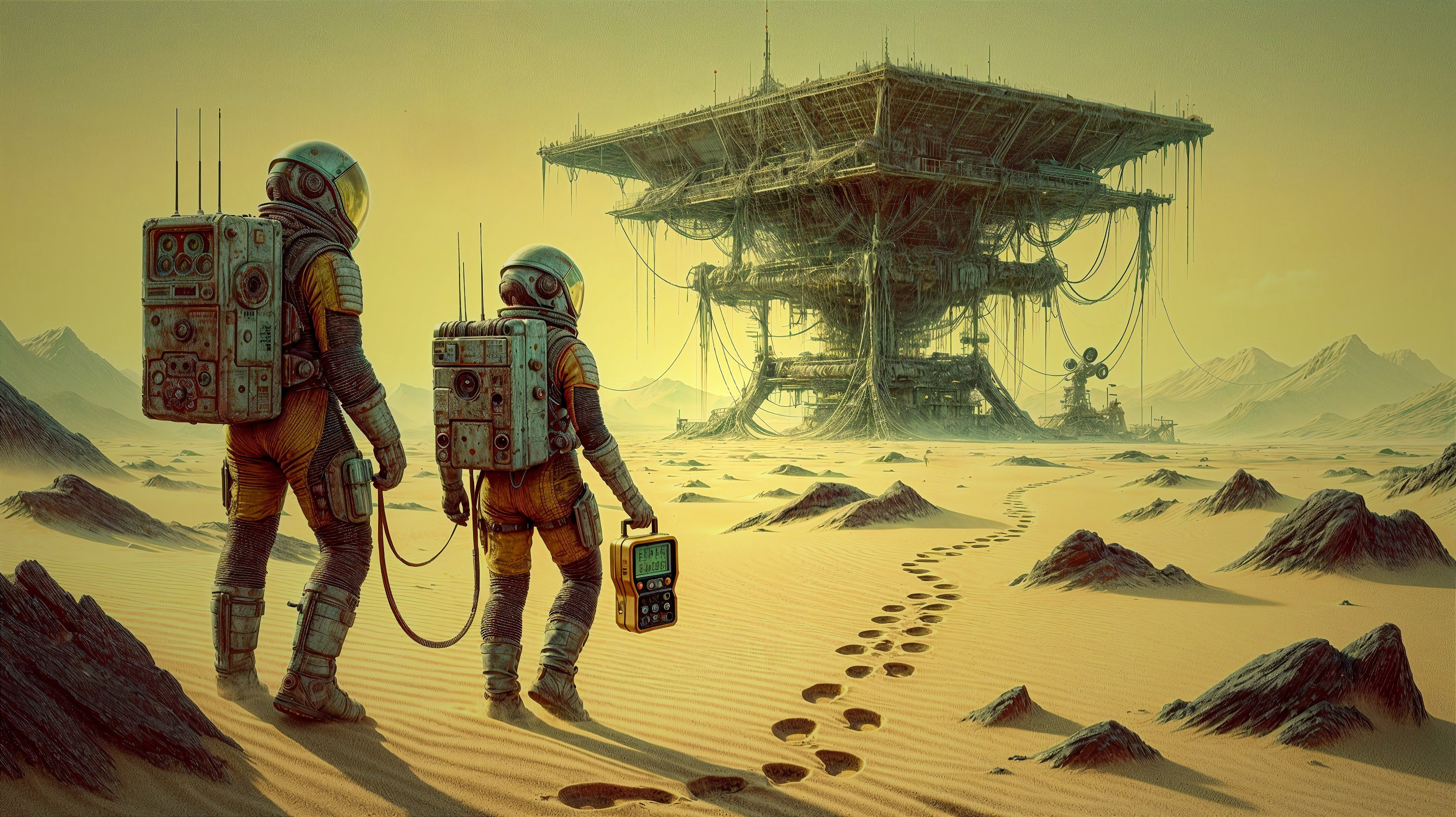 Astronauts in Futuristic Suits Explore Abandoned Structure