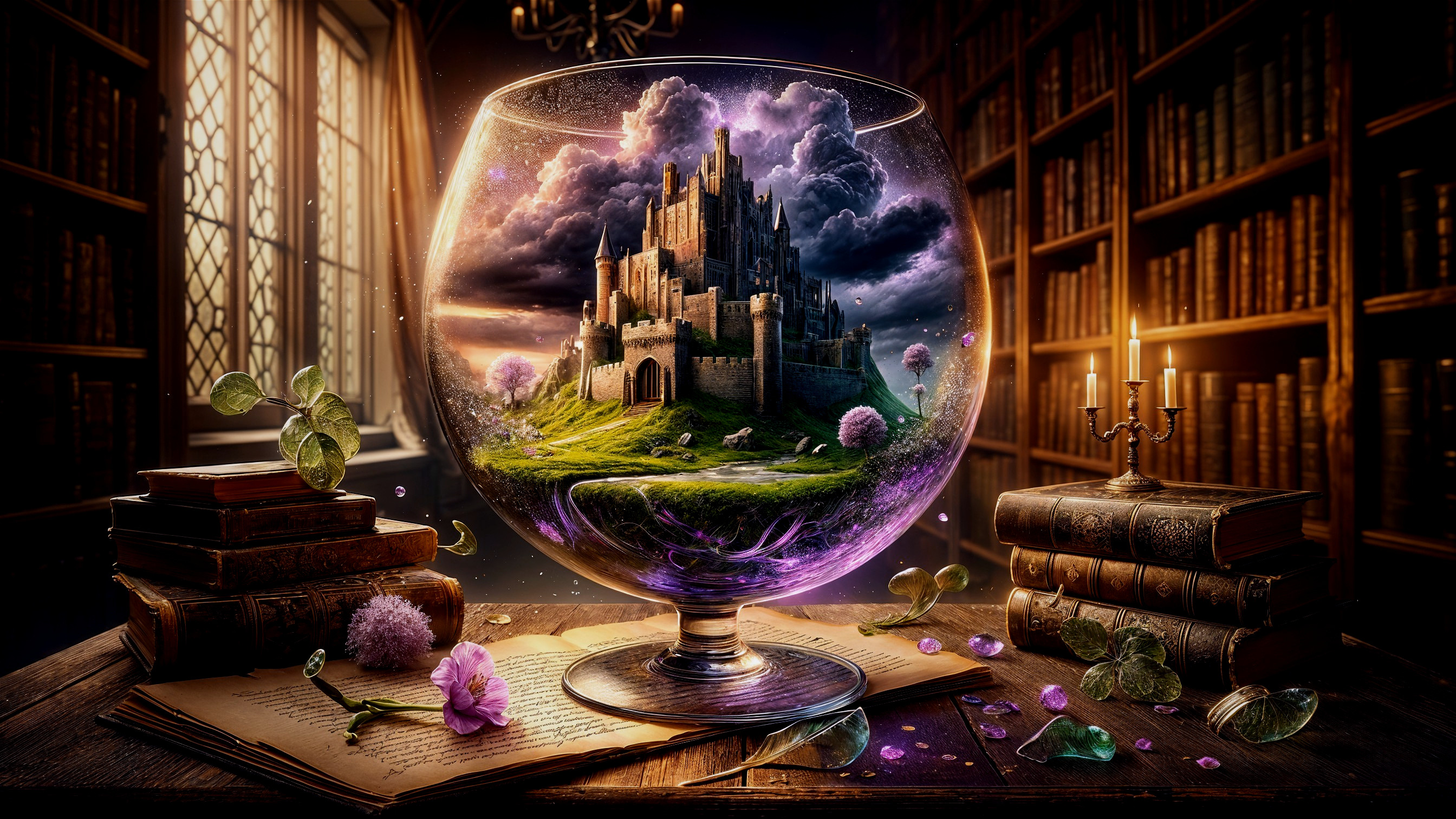 Miniature Castle Landscape in Glass Bowl Display