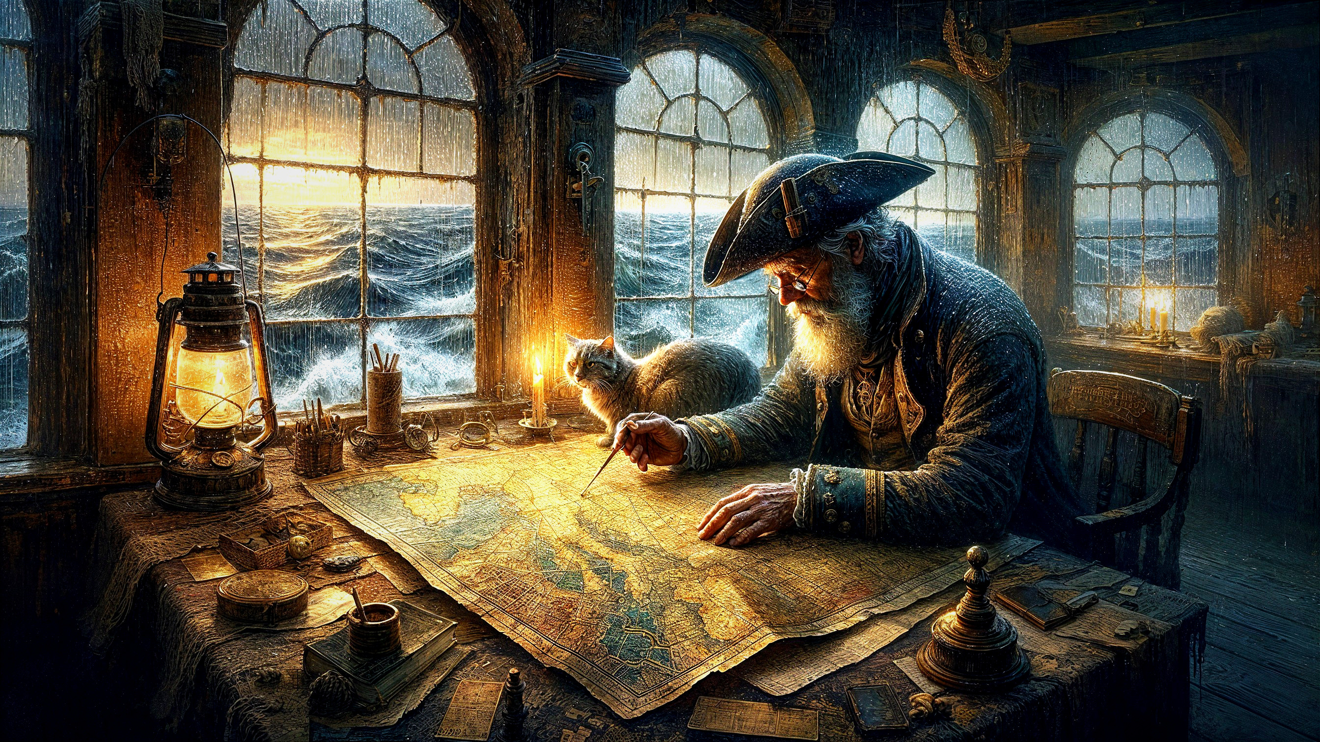 Elderly sailor examines ancient map in cozy room