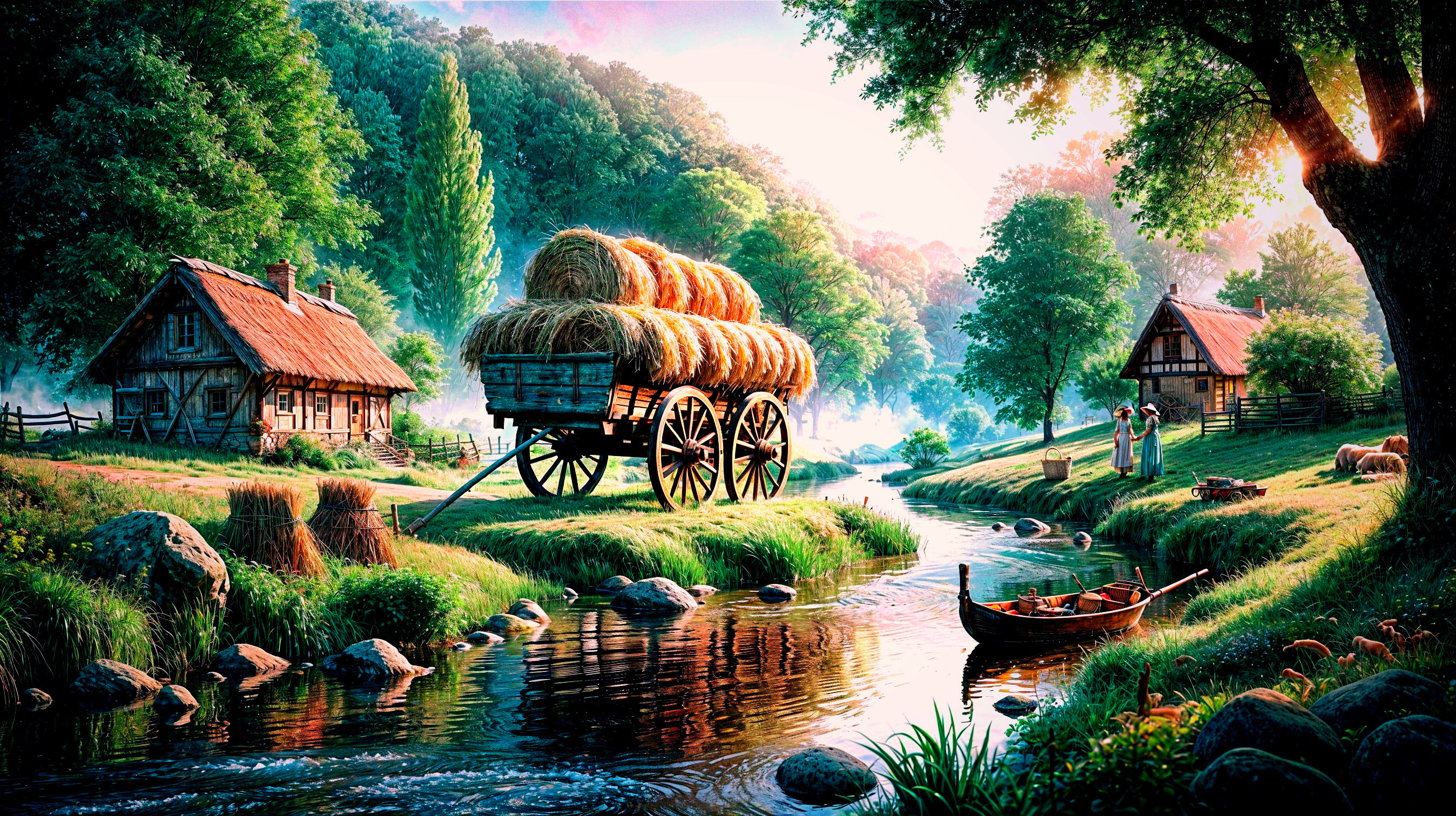 Rustic Cottages in Serene Countryside Landscape