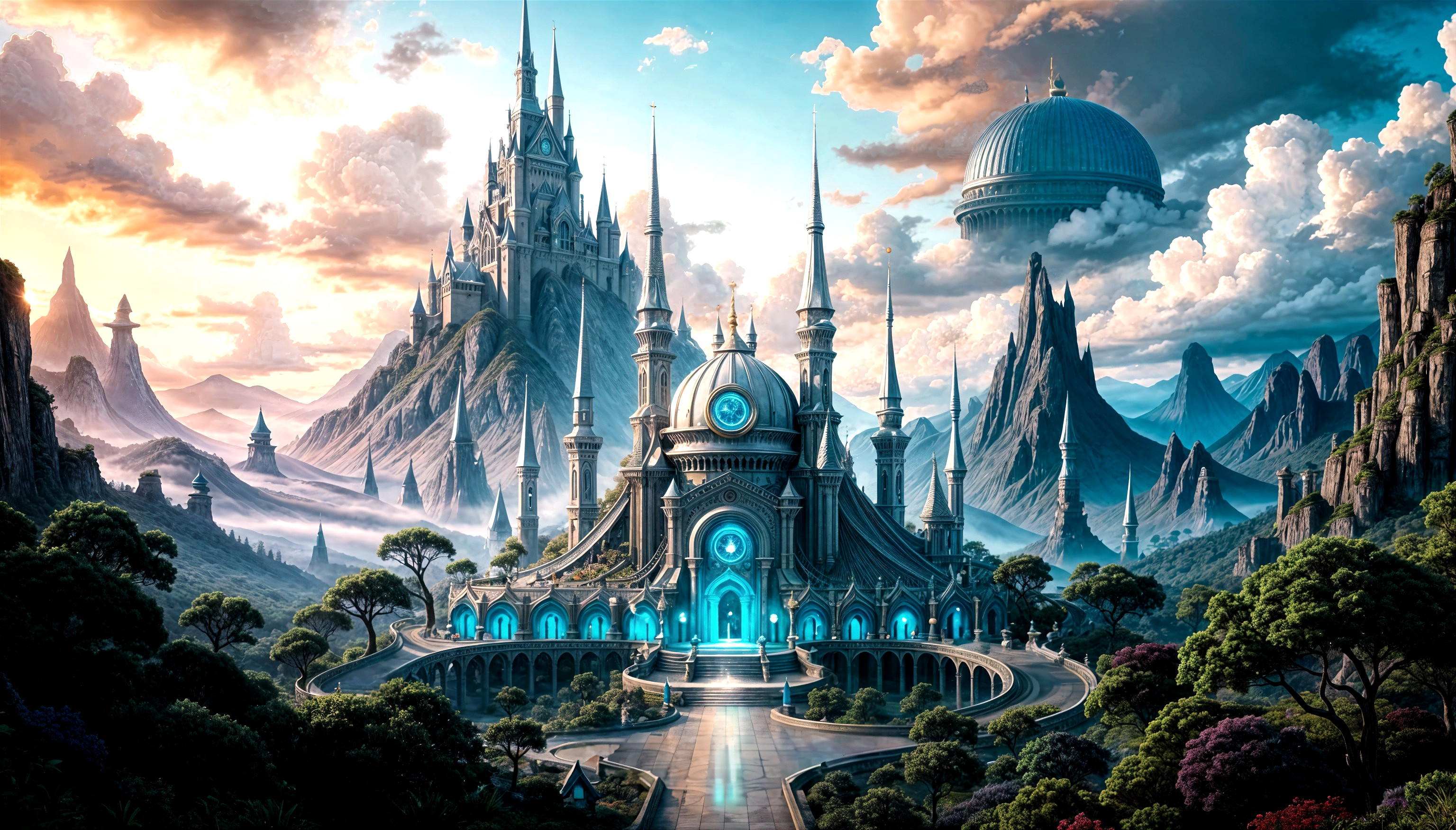 Majestic Castles and Mountains in Fantasy Landscape