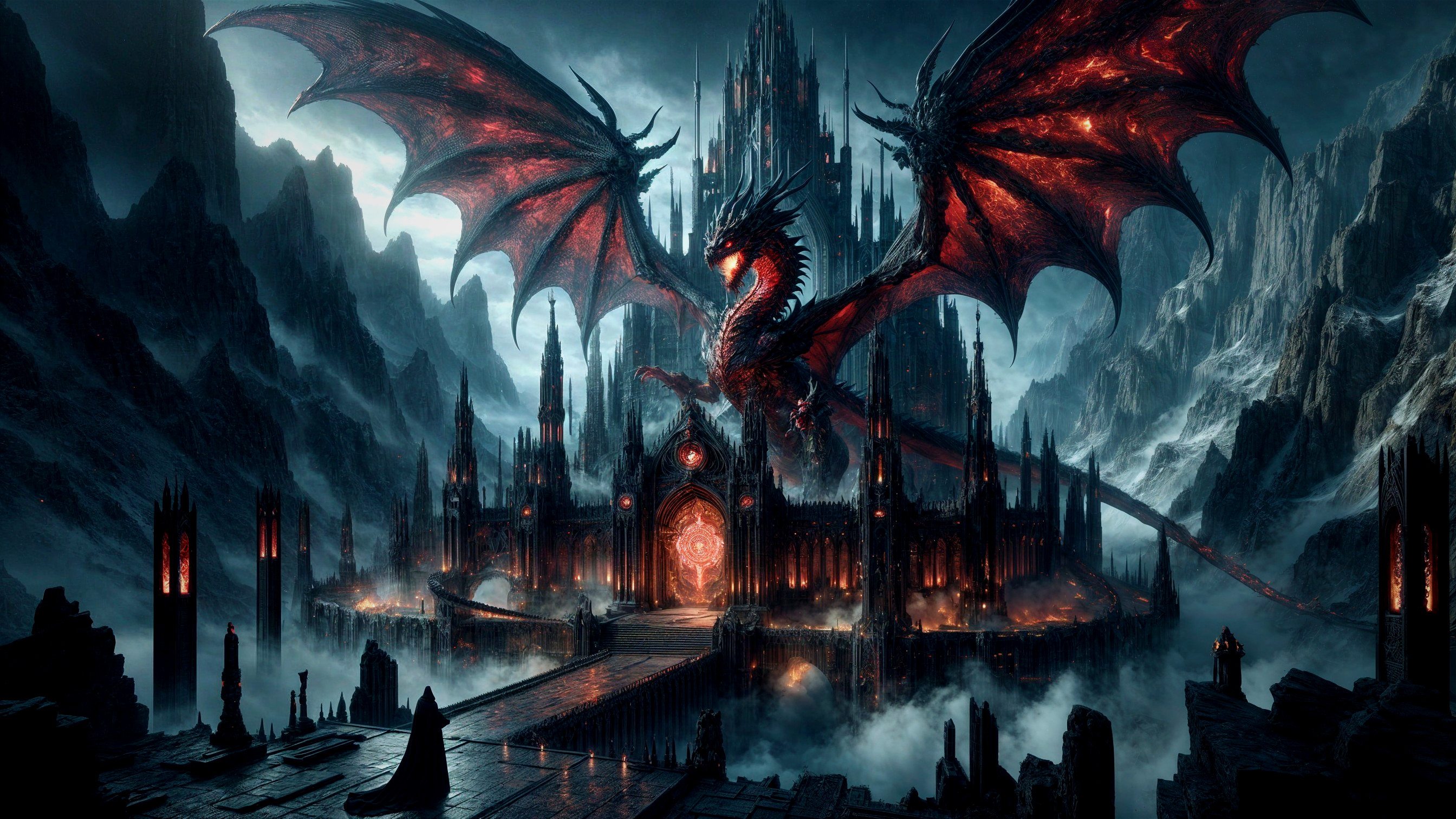 Colossal Dragon Overlooks Dark Medieval Castle Scene