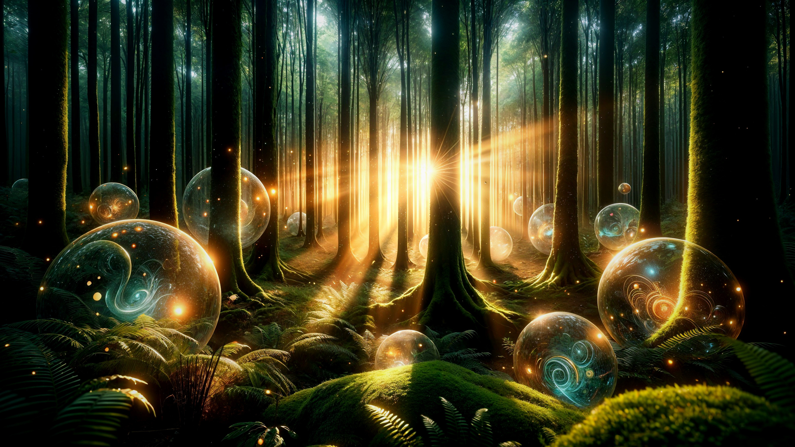 Mystical Forest with Golden Sunlight and Ethereal Bubbles