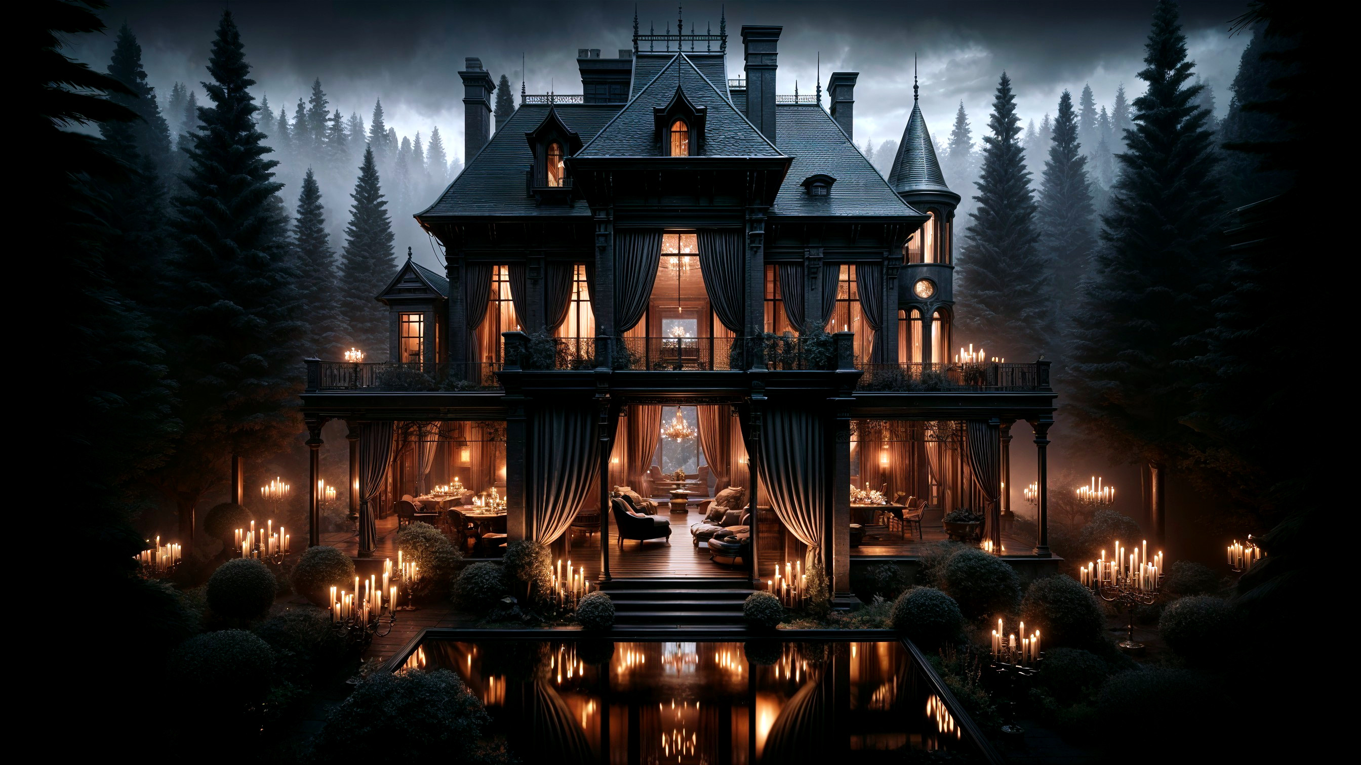 Dark Mansion Surrounded by Trees and Candlelight