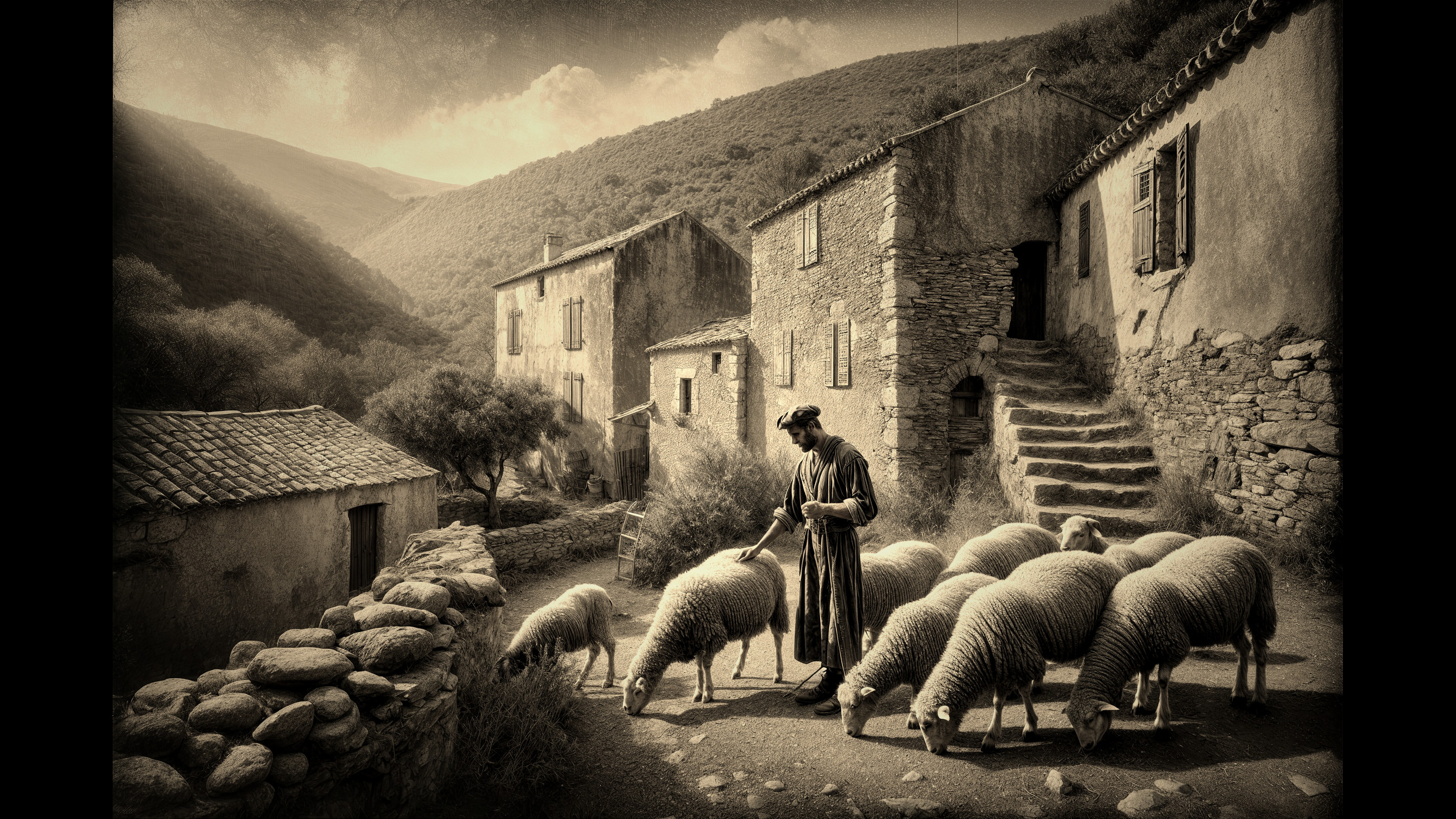 Vintage Rural Scene with Shepherd and Sheep