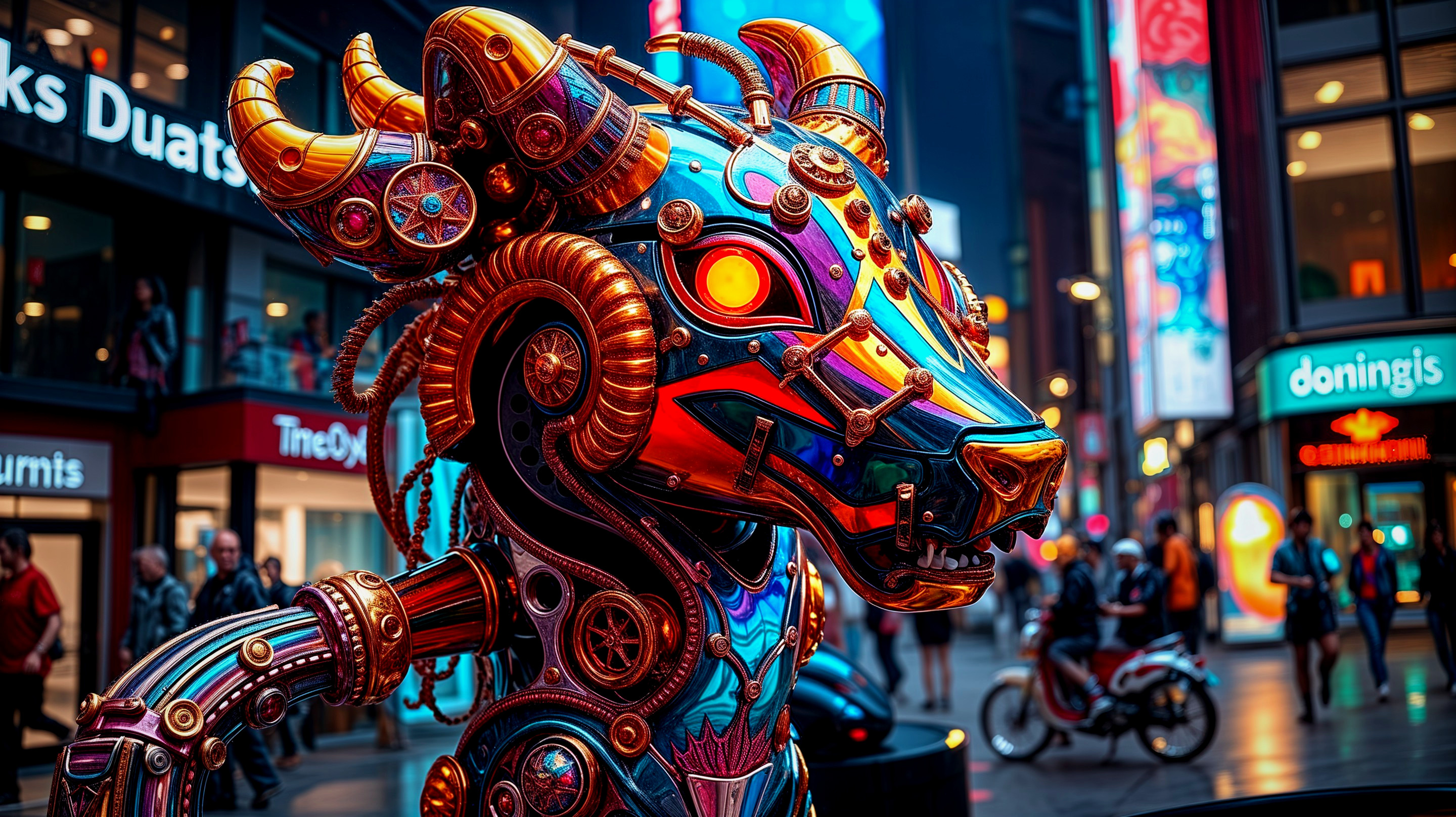 Vibrant Robotic Ram in a Lively Urban Landscape