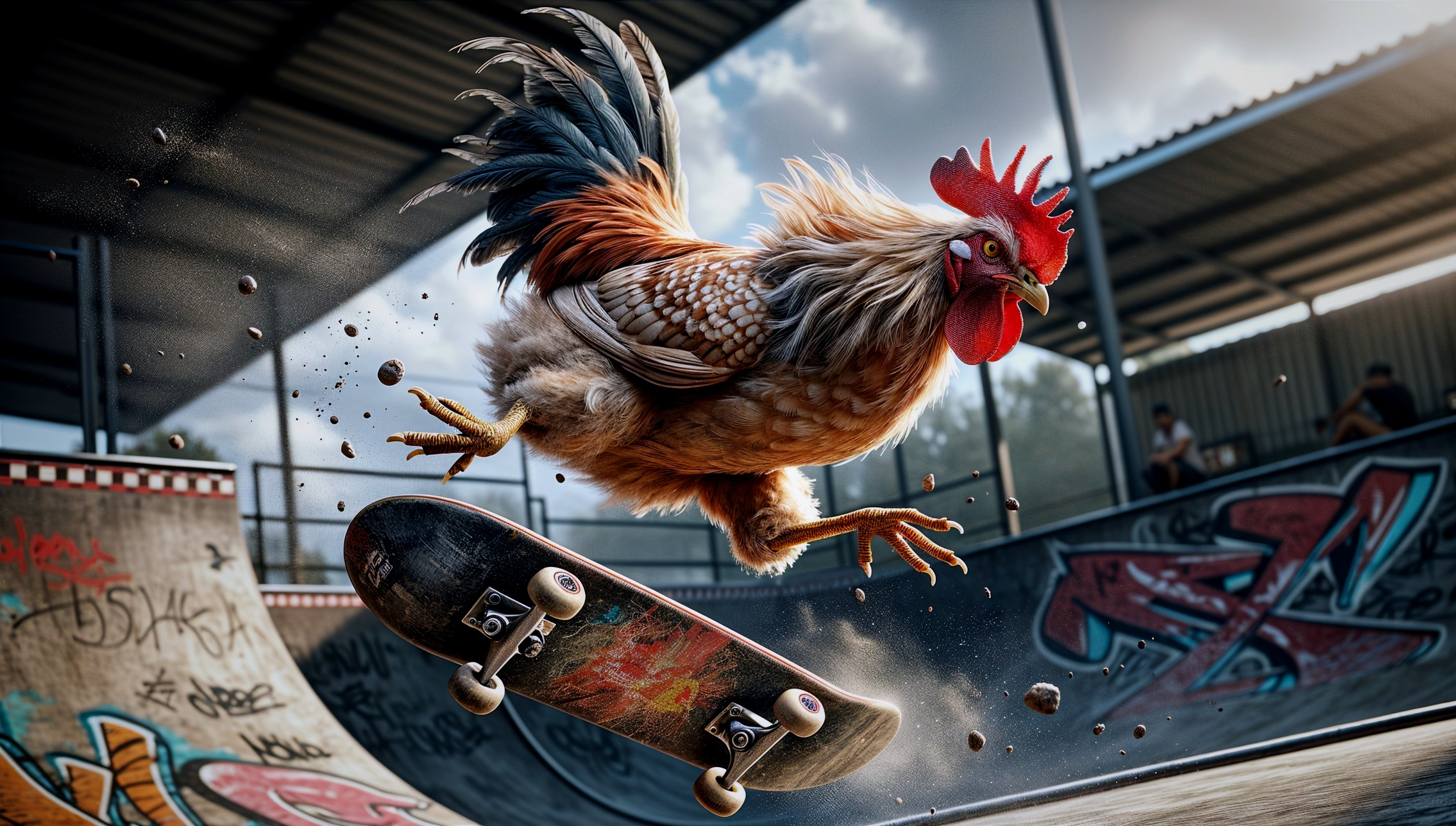Skateboarding Rooster in Colorful Skatepark Scene
