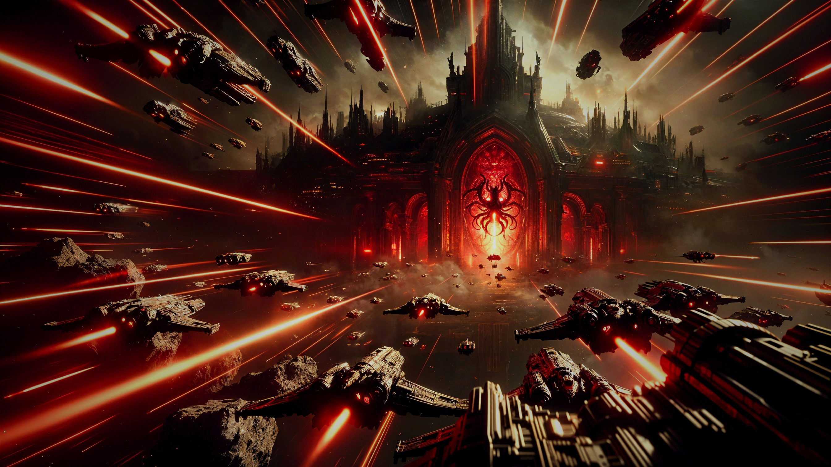 Gothic Universe with Futuristic Ships and Menacing Portal