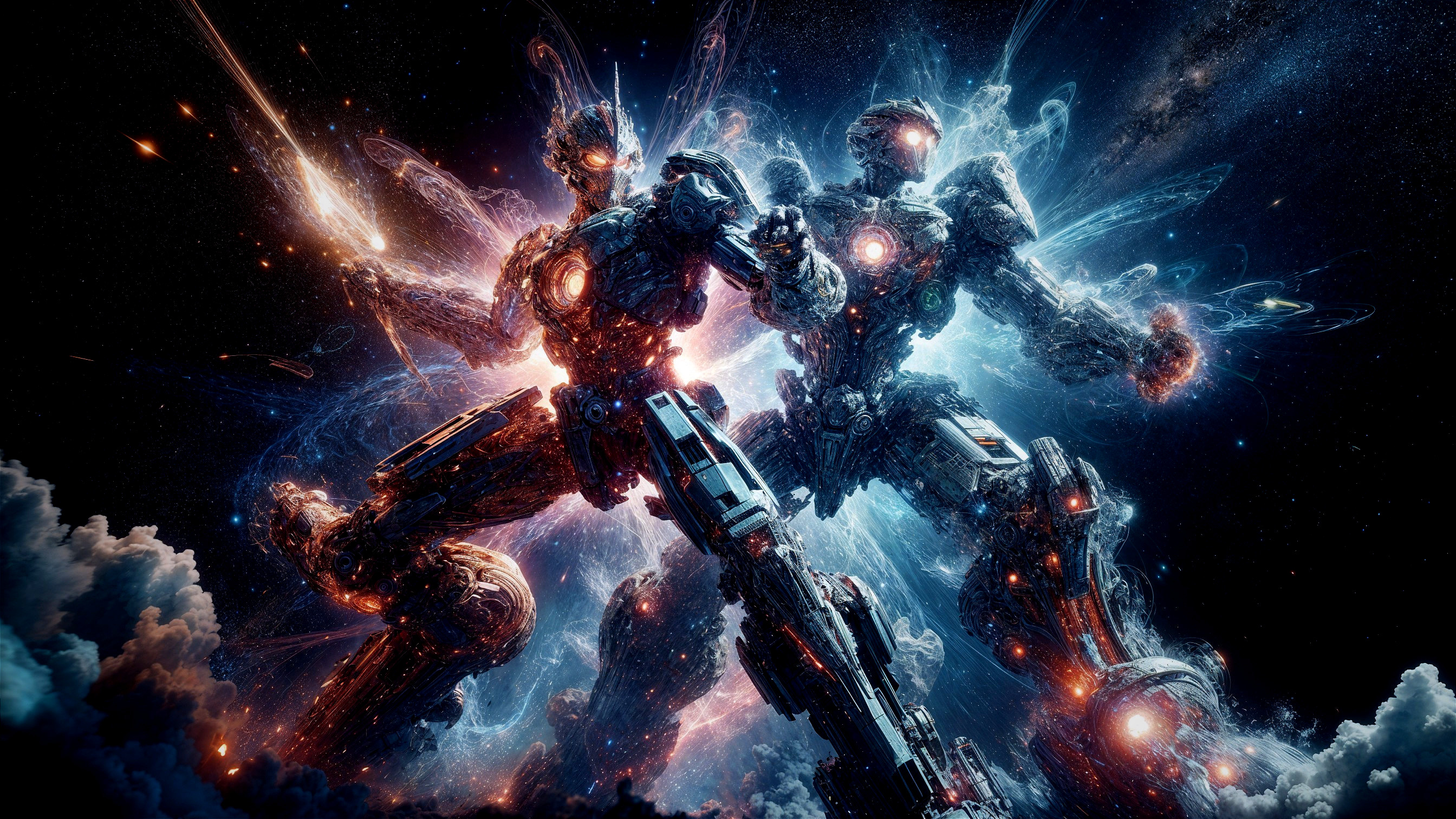 Colossal Robot Warriors in Cosmic Battle Scene