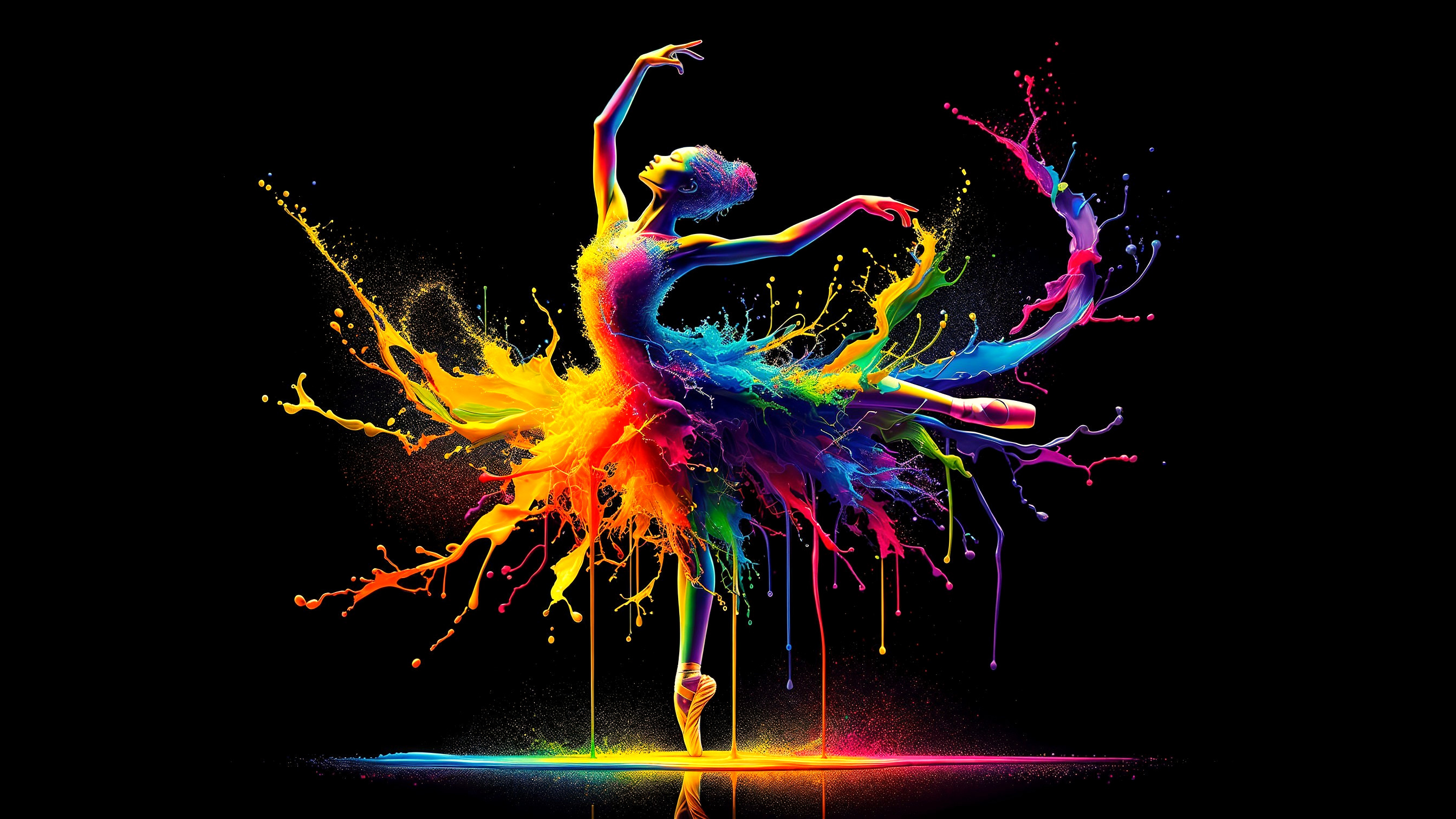Ballerina Dancing Amid Colorful Paint Splashes