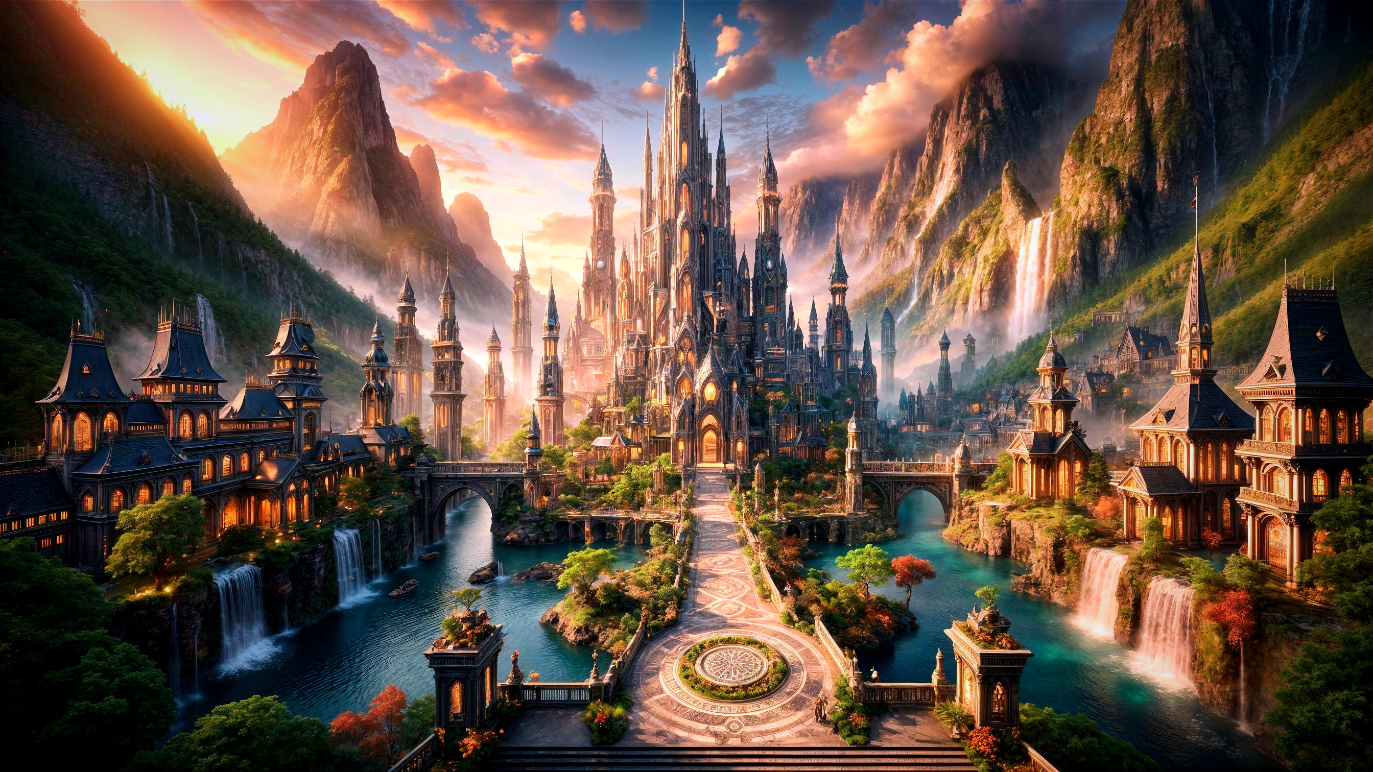 Majestic Fantasy Castle Amidst Mountains and Waterfalls
